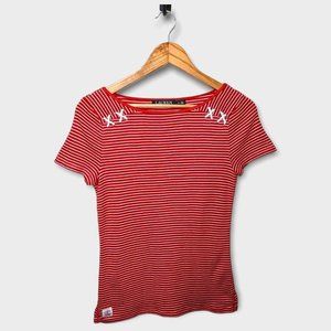 Ralph Lauren Womens Short Sleeve Red and White Striped Western Epaulet Shirt